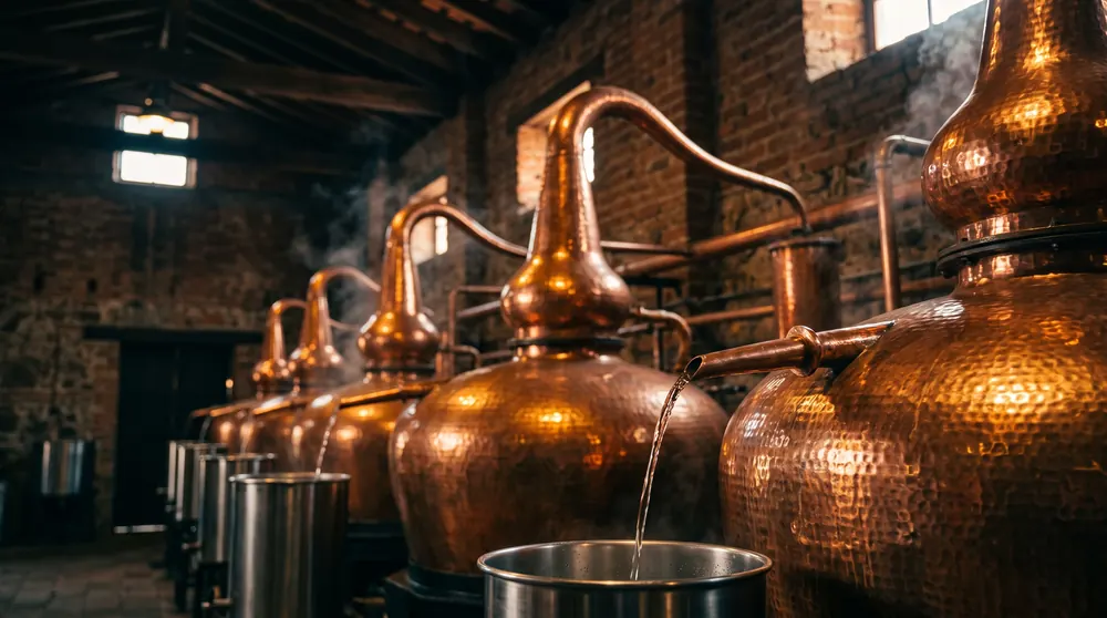 Alambiques de cobre en una destilería de tequila