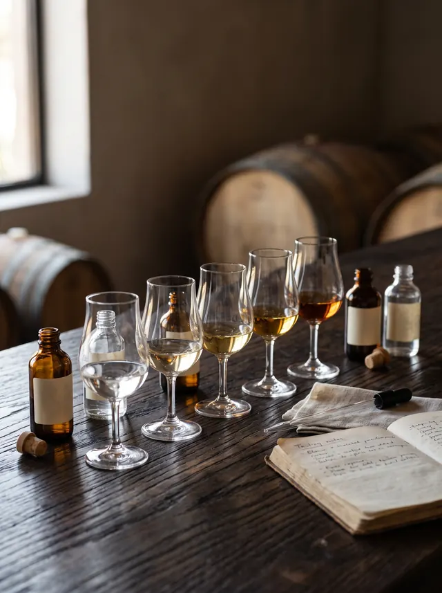 Copas de cata con tequilas blanco, reposado, añejo y extra añejo junto a barricas