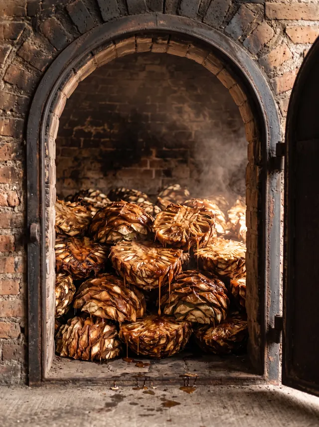 Piñas de agave cocidas dentro de un horno de ladrillo