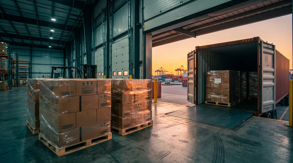Pallets de cajas de tequila cargándose en un contenedor de exportación