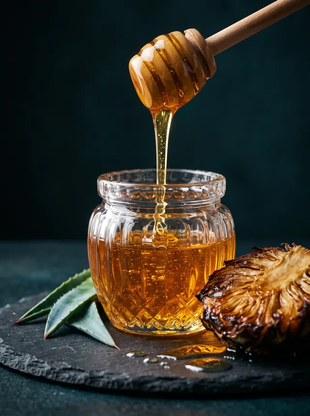 Jarabe de agave orgánico cayendo en un frasco de cristal junto a una piña de agave cocida