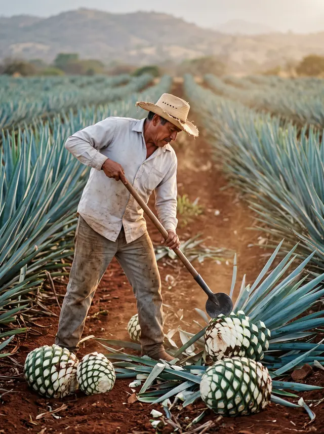 Jimador cosechando agave azul con la coa