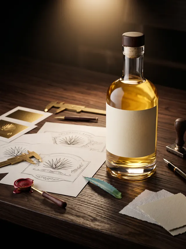 Botella de tequila reposado con etiqueta personalizada de marca propia, junto a bocetos de etiqueta